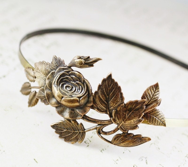 Floral headband vintage style brass bridal rose