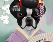 The Geisha Girl - Boston Terrier Art Print by Brian Rubenacker