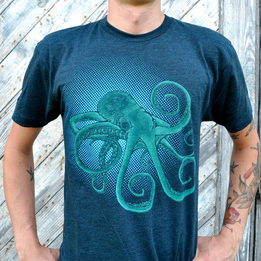 Black Aqua Octopus - Mens Tshirt - Tee - American Apparel