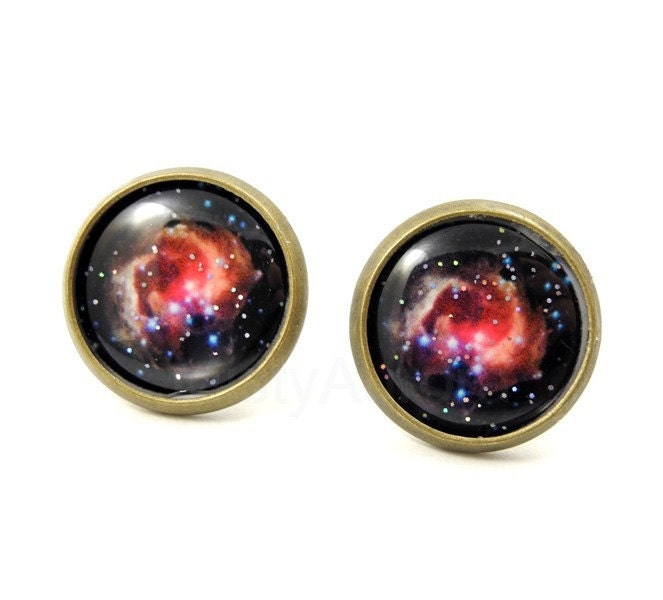 Galaxy Earring Studs - Black Pink Nebula Earring Posts - Galaxy Jewelry