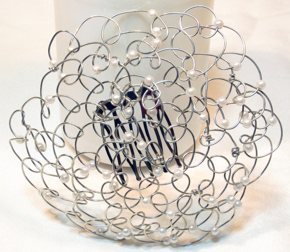 Beaded Kippah Silver Wire White Pearls 4.5" Ready to Ship