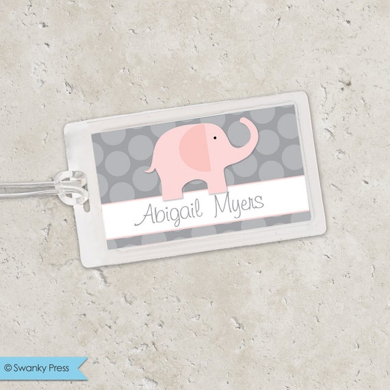 Kids Bag Tag Luggage Tag - Pink and Grey Elephant Il_570xn