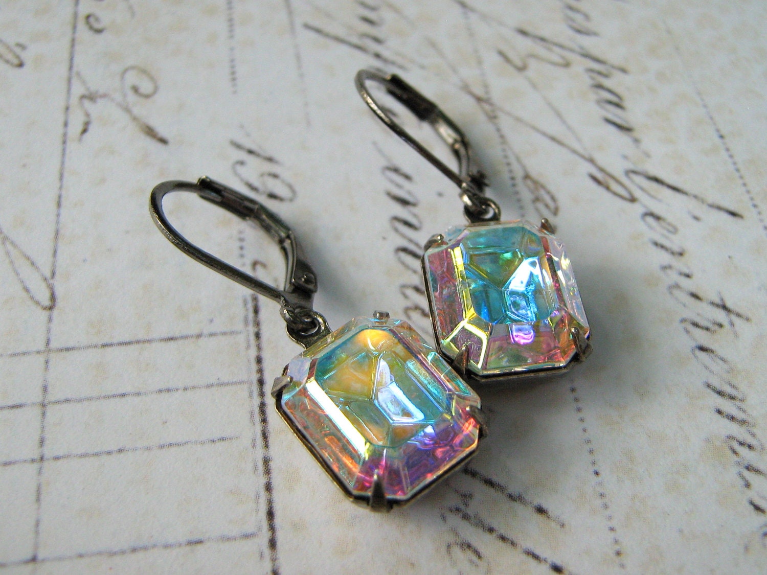 Estate Rhinestone Earrings Lever Back, Glass Rhinestone Earrings, Vintage Rhinestone Gunmetal Lever Back Earrings - Bridesmaid Earrings