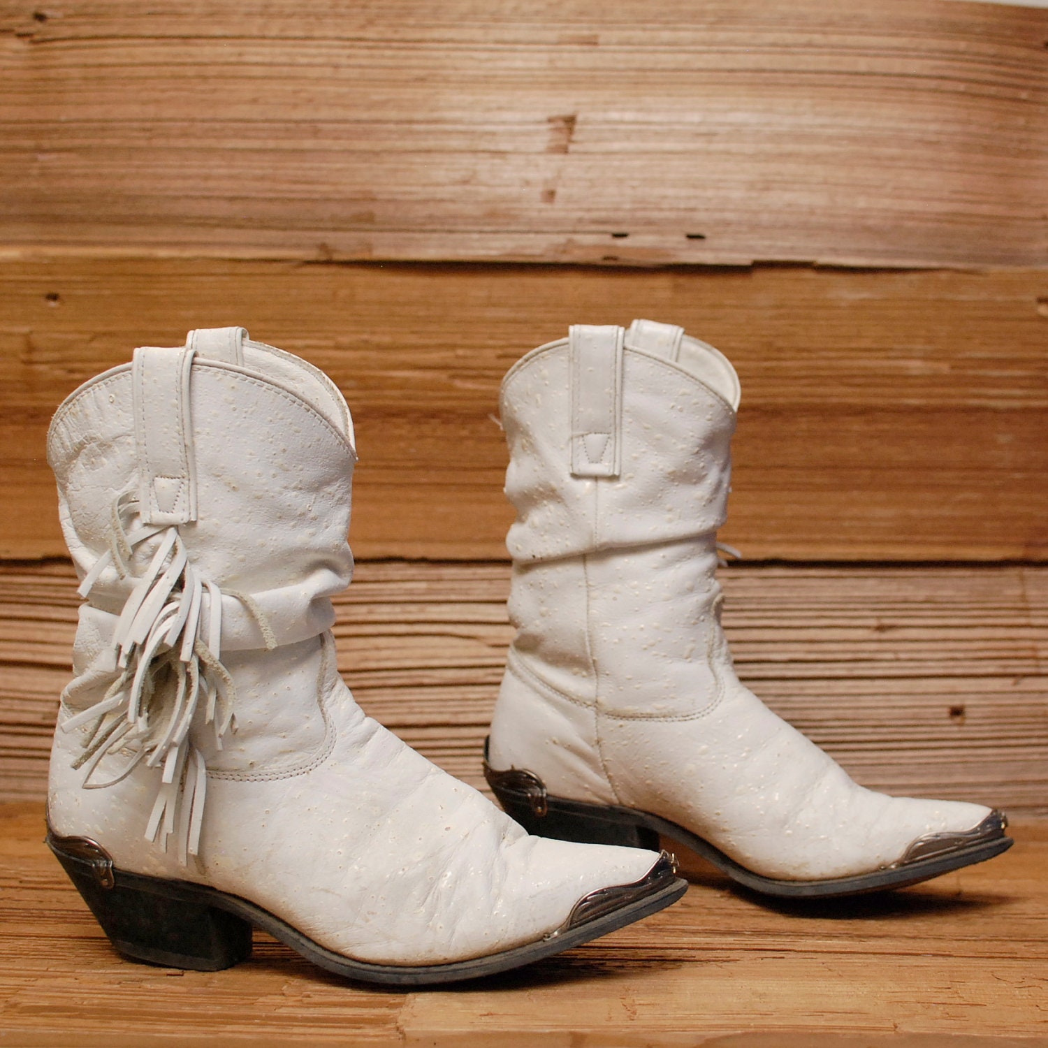 size 8.5 FRINGE white leather 80s SOUTHWEST slouchy metal ankle boots