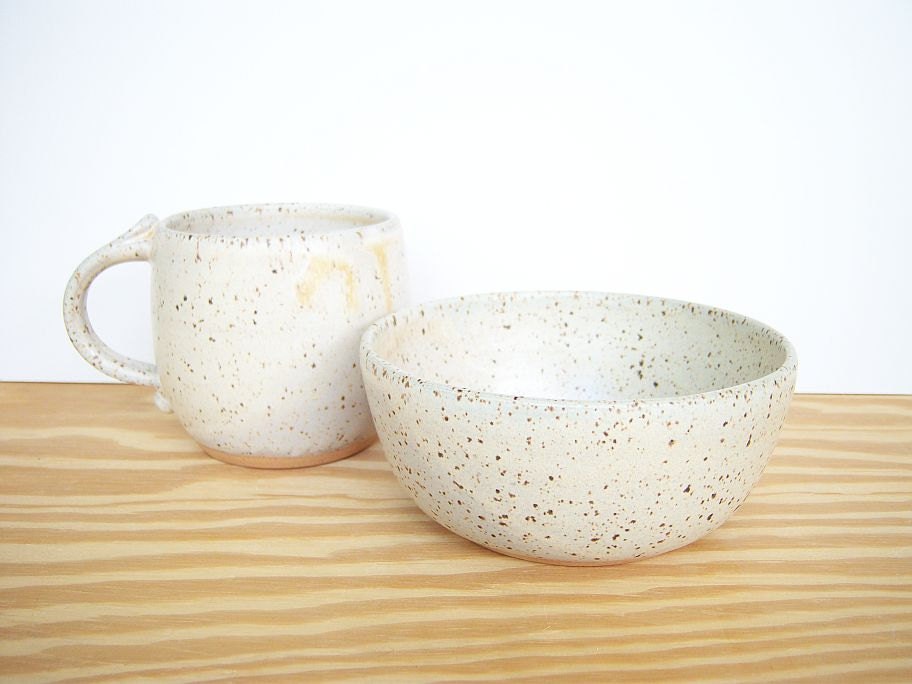 Stoneware Ceramic Breakfast Set - One Bowl and One Cup in Satin Oatmeal Glaze