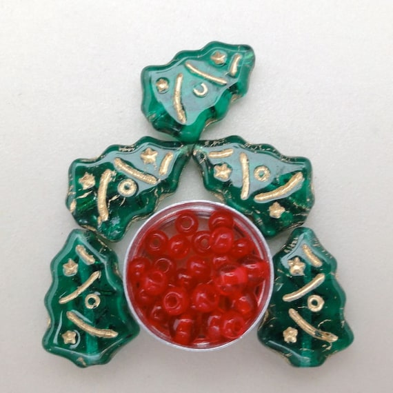 Dark Green Christmas Tree gold etched beads.  Czech Glass Beads.  Red berries free.  GB946  (6) Oh Tannenbaum