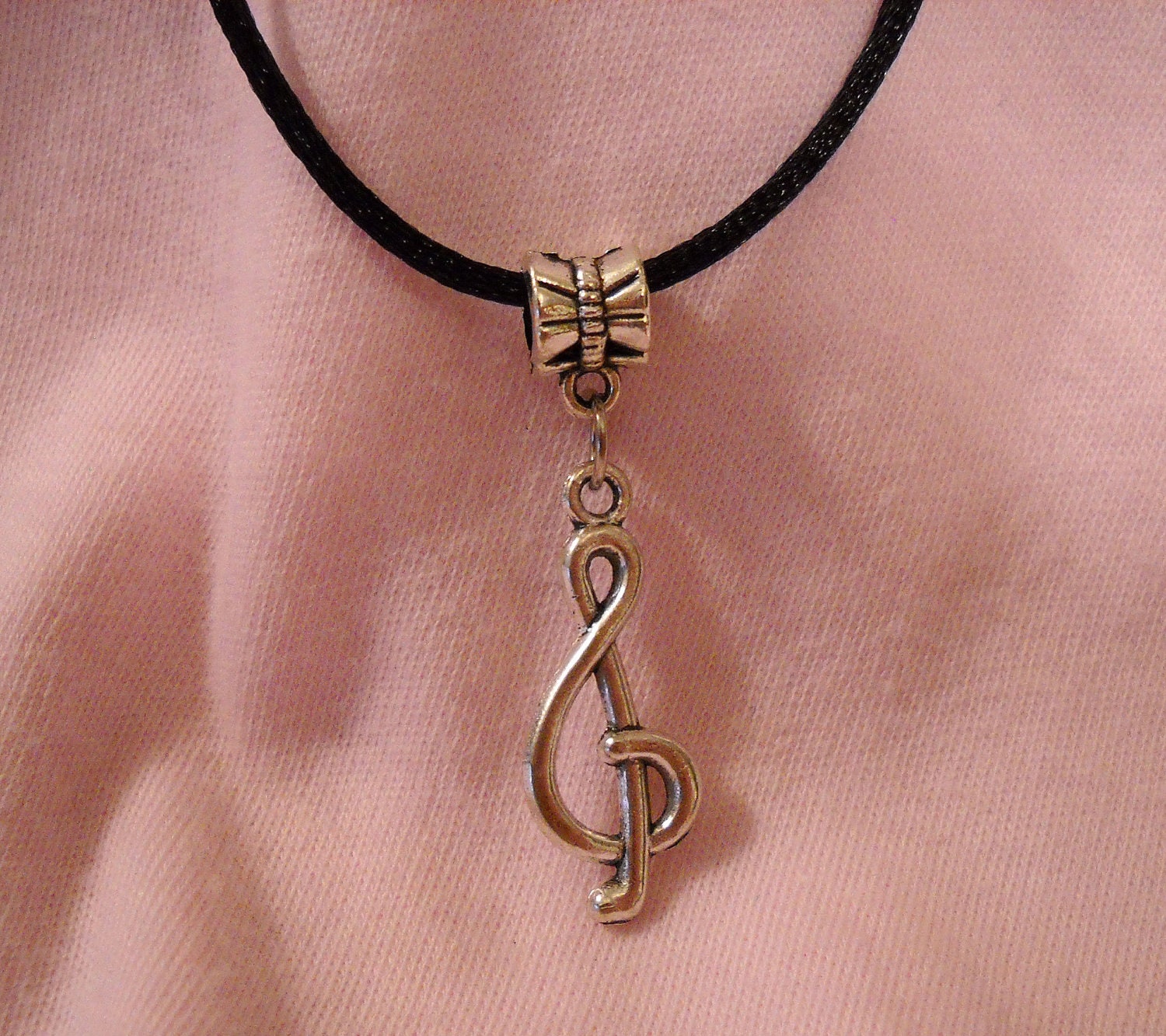 Tibetan Silver Treble Clef Necklace with Satin Cord