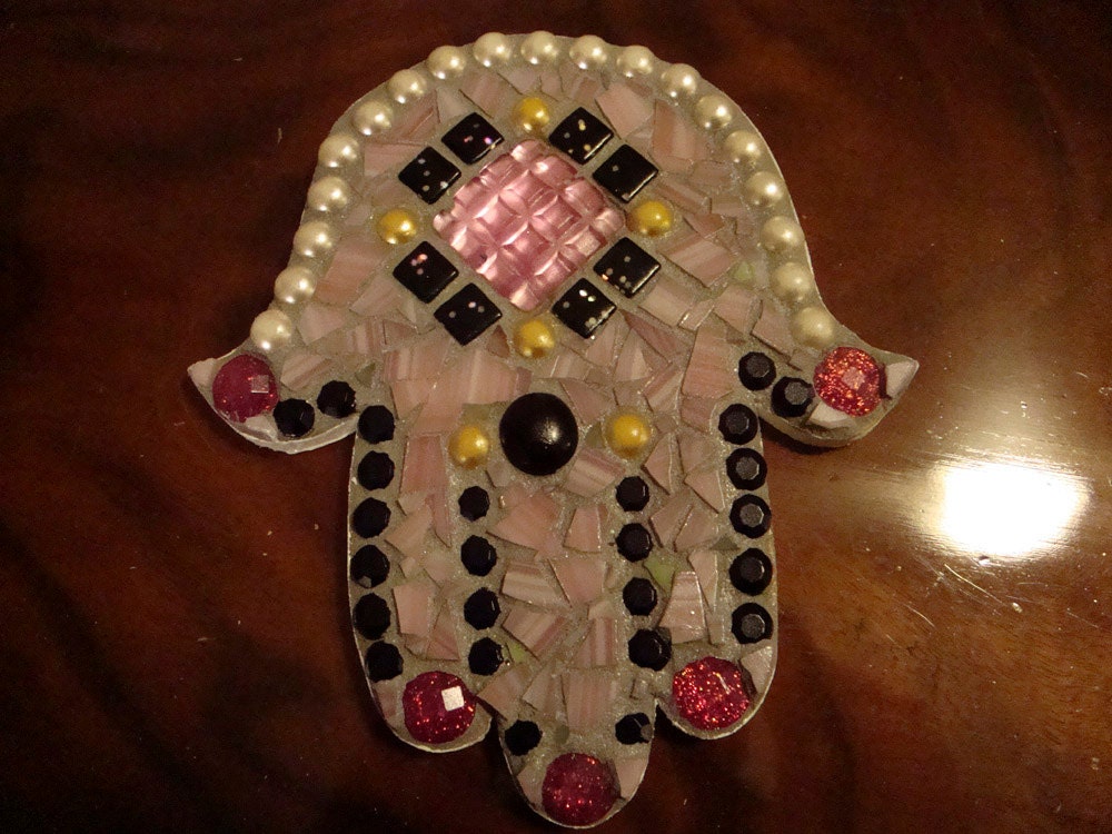 Shabby Chic Vintage Style Stained Glass Mosaic Hamsa OOAK