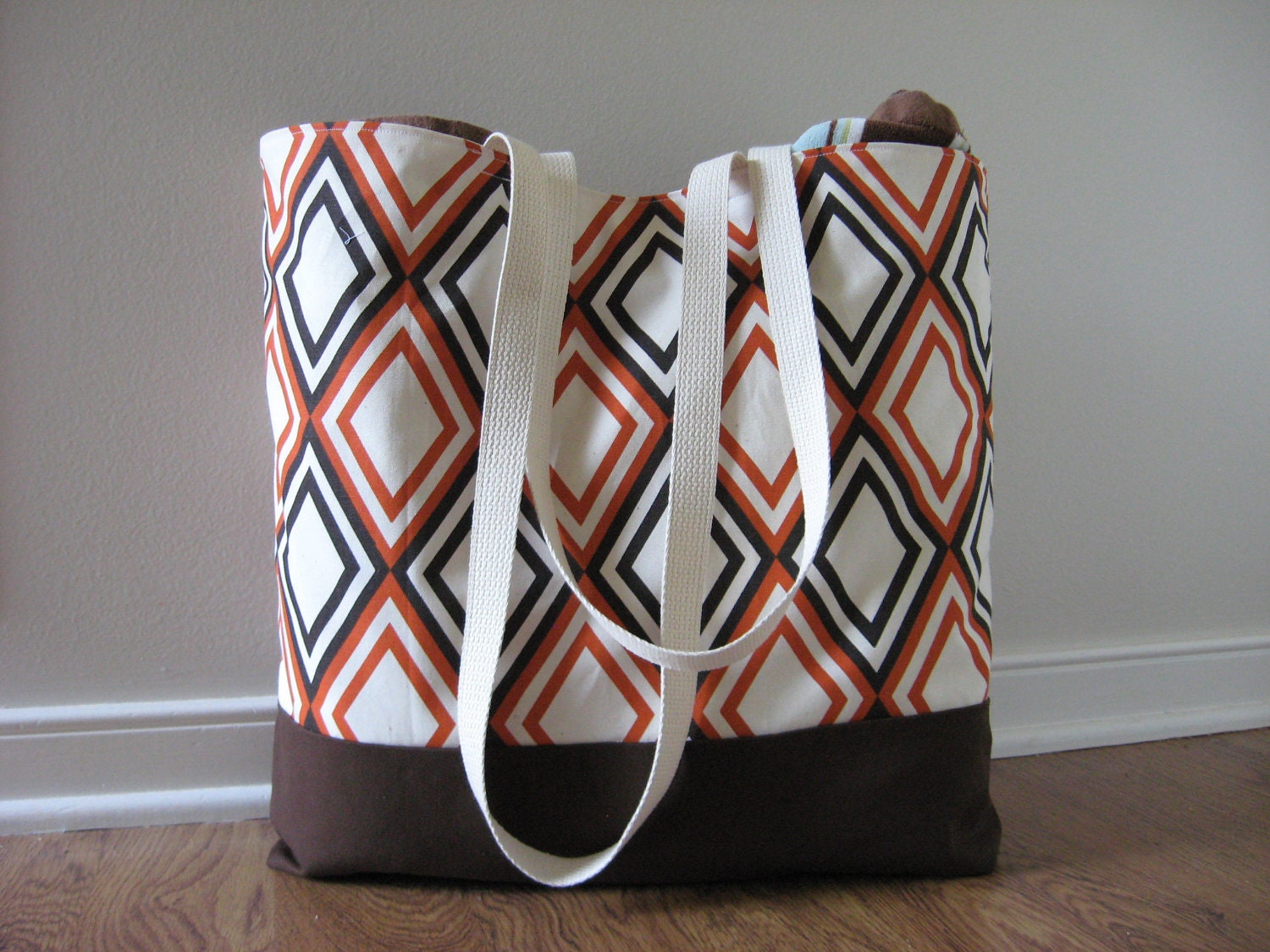 tote bag, Fall colors, Argyle Beach Bag, Fall Fashion, chevron tote bag Orange and Brown, READY TO SHIP