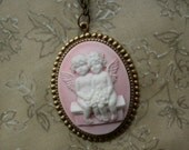 Pink Cherub Cameo GEMINI Brass Necklace Swarovski Crystals