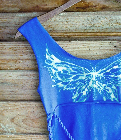 Women's sky blue tank top handpainted art of a Painterly Butterfly OOAK, open back detail