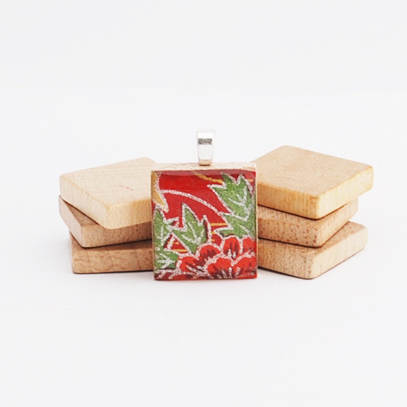 Recycled Scrabble Game Tile Pendant Roses are Red