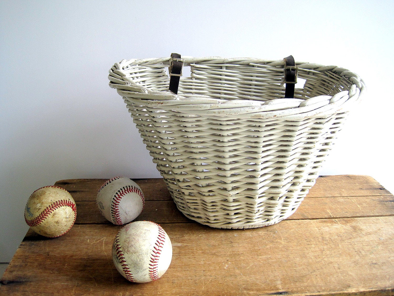 Vintage Bike Basket Rack White Woven Wicker / French Country Home