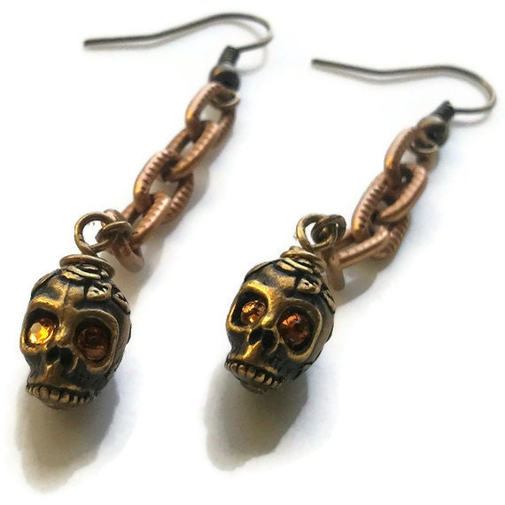 Antique Brass Skull with Topaz Rhinestone Earrings