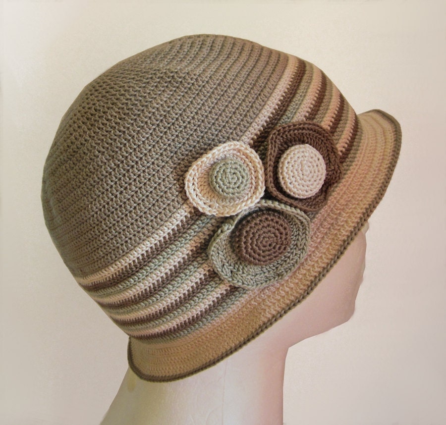 MADE to ORDER - CUSTOMIZABLE - Dove grey, light brown, cream, green/grey cotton yarn striped crochet cloche, 20's, 30's