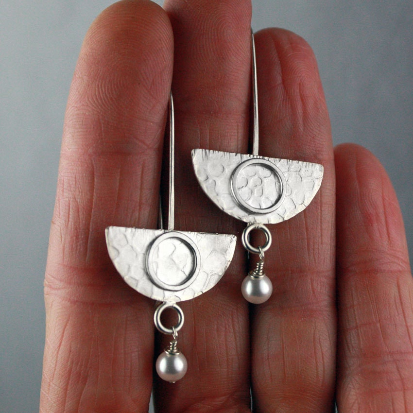 Embossed Silver Half Moon Dangle Earrings with Pearls