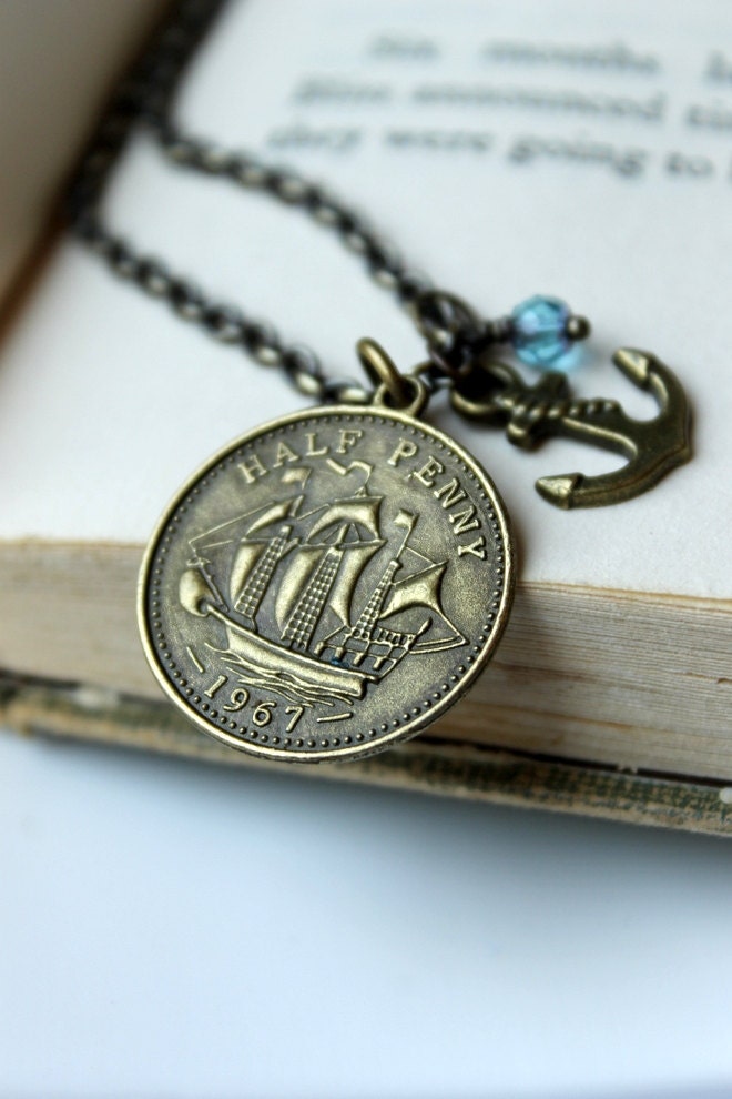 SALE. Lost at Sea, Nautical Charm Necklace, Antiqued Brass, Ship, Anchor, Half Penny, Coin, Blue