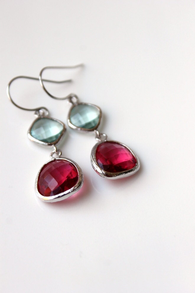New - Pink, Pale Aqua, Cherry, Sparkle, Silver Finish, Elegant, Dangle Earrings, Wedding, Framed Glass