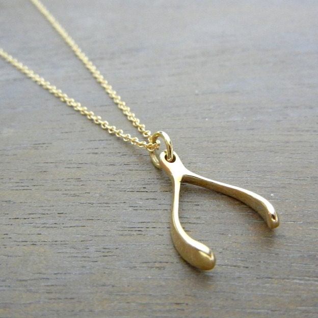 WISHBONE Gold, Bronze Charm Necklace, Good Luck, Lucky Charm Jewelry by E. Ria Designs