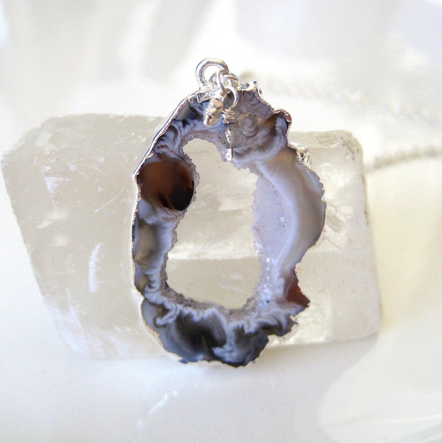 Geode agate slice with druzy crystals and sterling silver necklace - ready to ship
