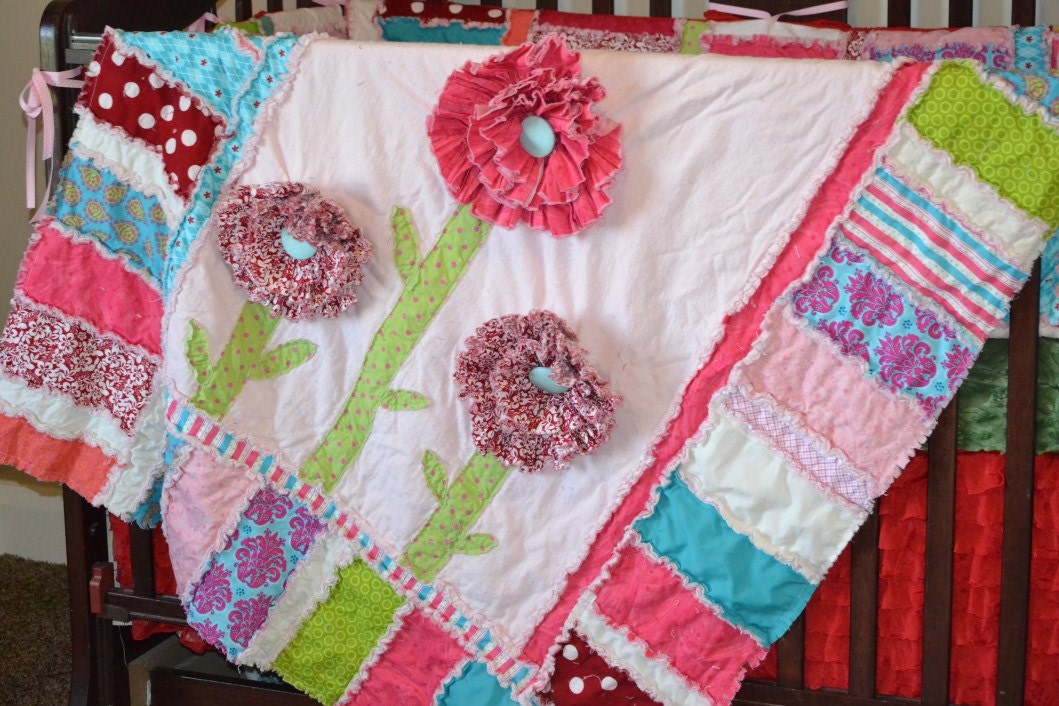 RAG QUILT, Ruffled Flower, Pink, Turquoise, Toddler Bedding, Made to Order, Custom