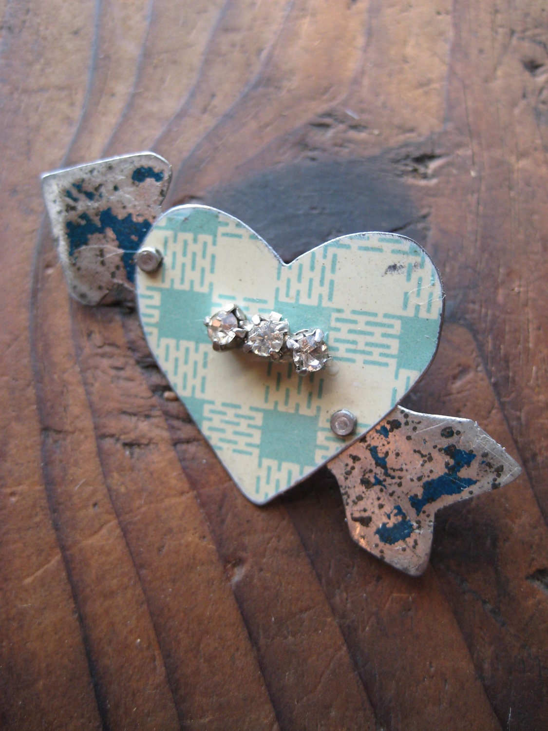 Black Friday Etsy Vintage Heart and Arrow Tin Brooch, Recycled, Repurposed, Gifts under 15, Gifts for her, Affordable Jewelry