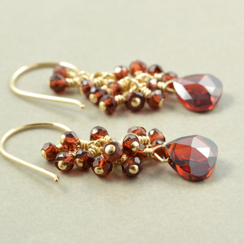 Garnet Earrings, Cubic Zircon Drop, Dangle Earrings
