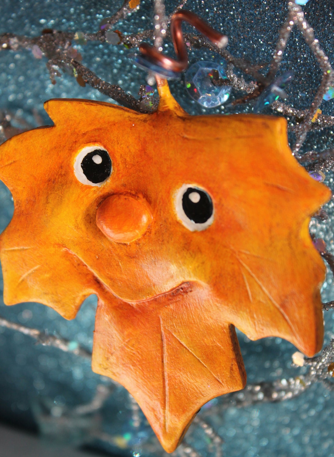 OOAK Orange Paper Clay Maple Leaf Ornament
