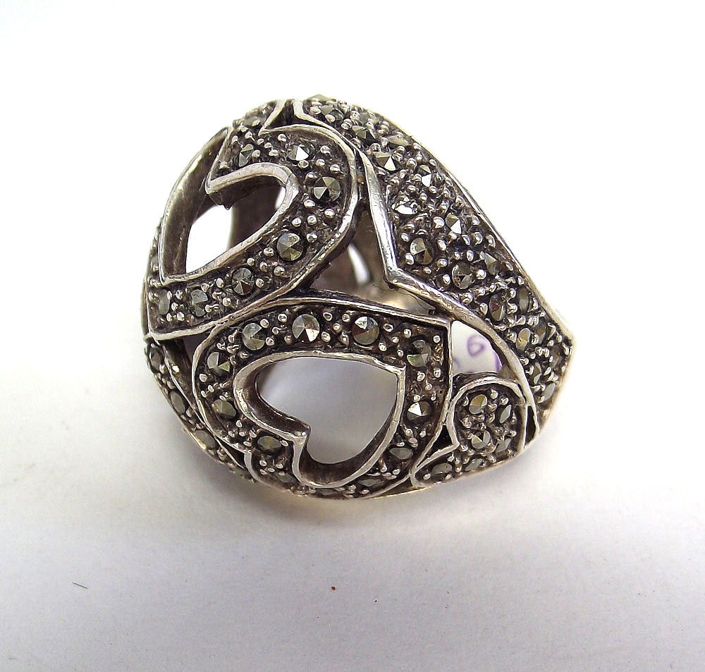 Vintage Sterling Silver Marcasite Dome ring with Hearts