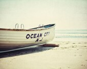 Boat photography, life guard, golden sunset, ocean photography, beach, wall art, teal gold turquoise print - 8x10 photograph