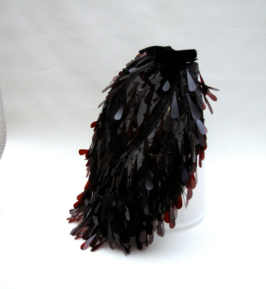 Vintage Snood black netting, black velvet, chocolate drop spangles alternative to hat
