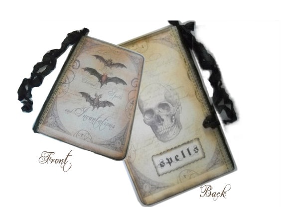 Halloween Spells Journal, Skull, Repurposed Moleskine, Spells, Charms, Incantations, Pocket Journal Tags