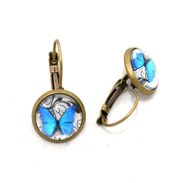 Blue Butterfly Earrings, Butterfly Illustration, Dangle Earrings