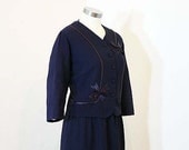 1950s dress / The First Lady 50's Navy Blue Plus Size Suit with Bow Detail