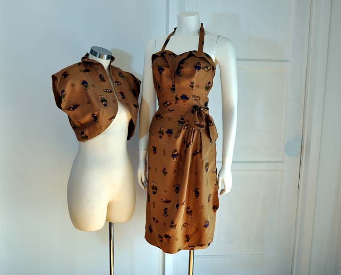 1950s dress / Vintage 50's Dress Silk Tiki Hawaiian and Bolero