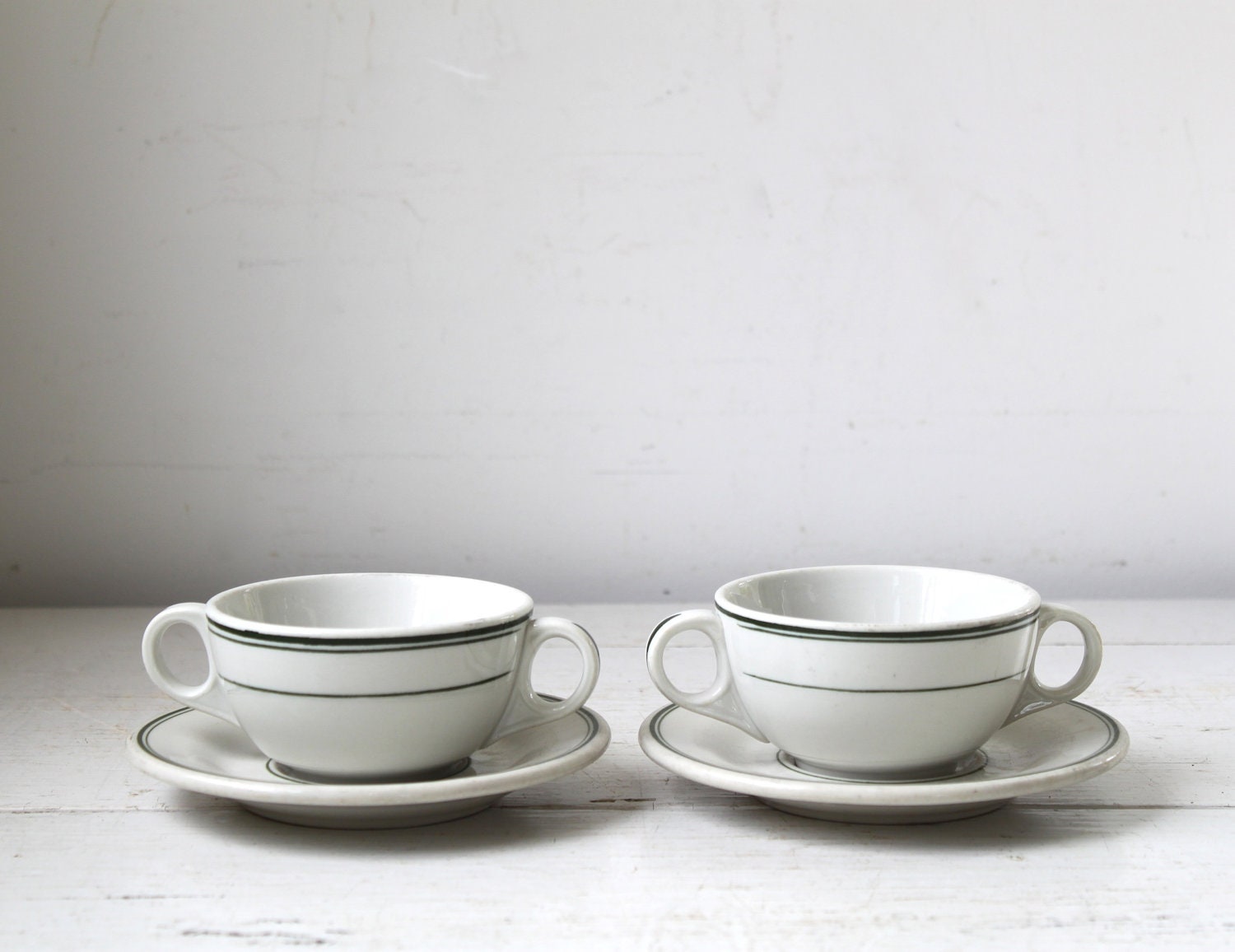 RESERVED Sale / vintage restaurant china. 2 consomme bowls, 1950s Wellsville. 3 saucers, 1960s Buffalo. Green band. Mid century industrial