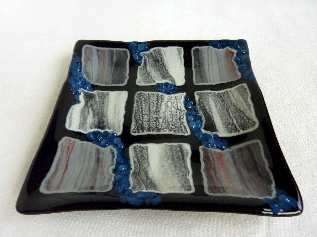 Fused Glass Art Plate in Shades of Black and Gray