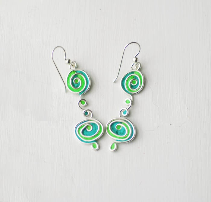 Lime Green and Blue Spiral Dangle Earrings, Sterling Silver Artisan Jewelry...