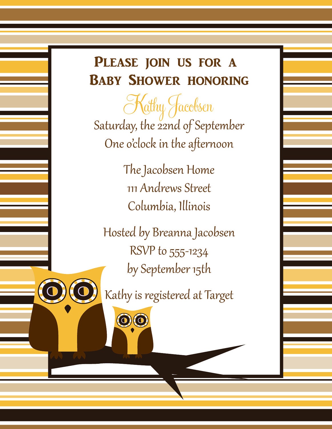 Owl Baby Shower Invitation Personalized Yellow and Brown (set of 10) Il_570xn