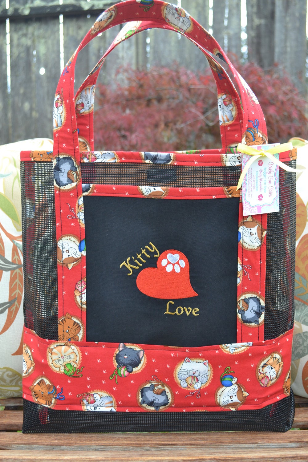 Tote Bag Embroidered Kitty Love Cat Kitten and Yarn Fabric and Vinyl ...