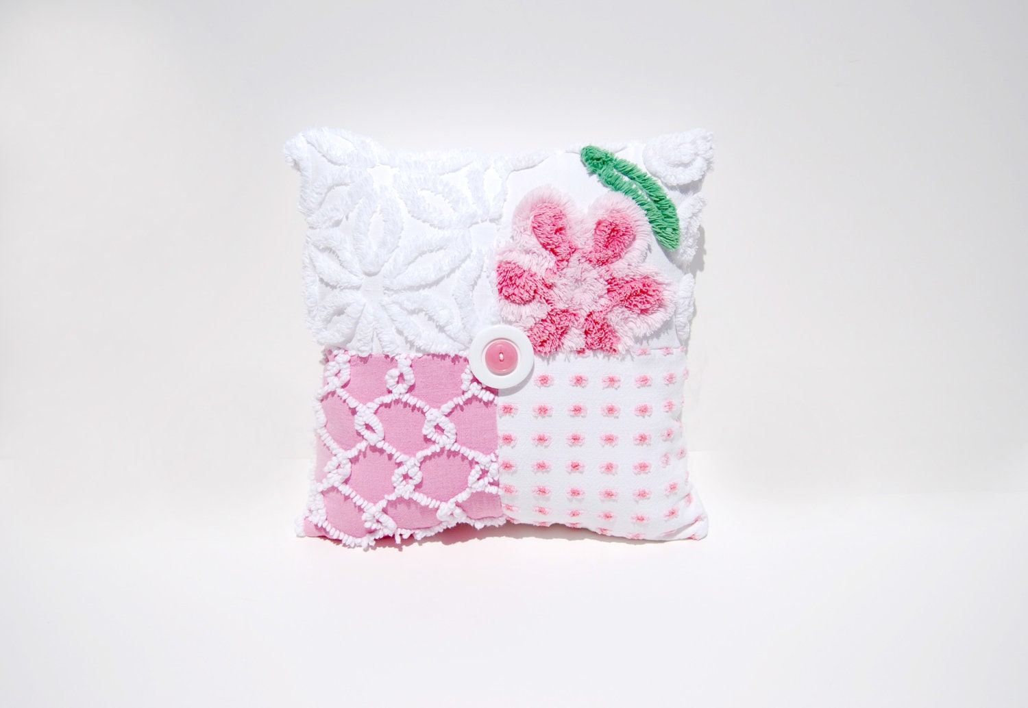 Chenille Charm Pillow - Princess Peony - Pink Flower Vintage Chenille Handmade Charm Pillow