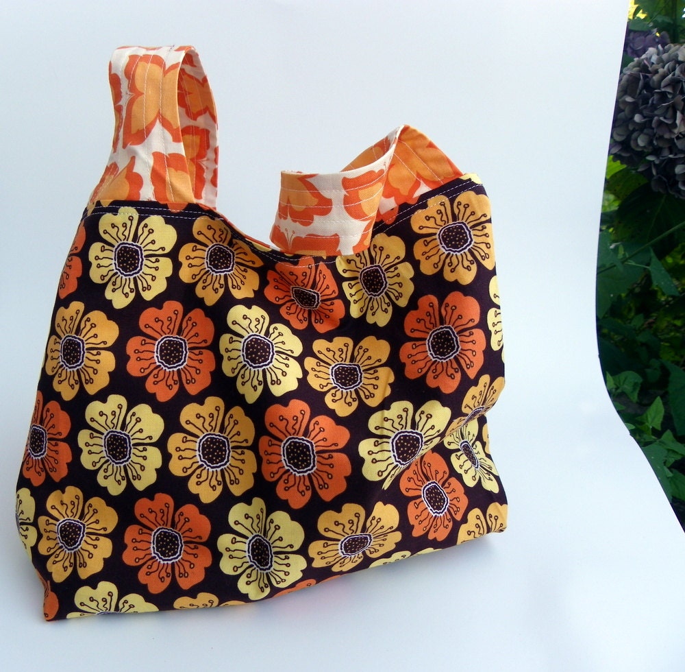 Orange and Yellow Flowers Market Tote - Shopping Bag - Cotton Tote - Knitting Bag - Small Size