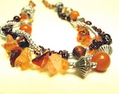 Orange Sunset Beaded Layered Necklace, Amethyst, Jade, Tigers Eye...