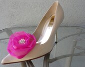 Wedding Bridal Hot Pink Organza Rose And Rhinestone Shoe Clips More Colors Available