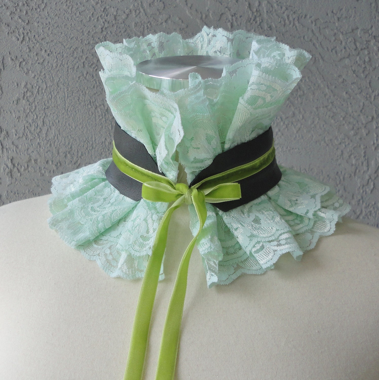 Victorian Inspired Mint Lace Charcoal Leather And Velvet Ribbon Ruffle Collar Necklace Cowl Statement Piece