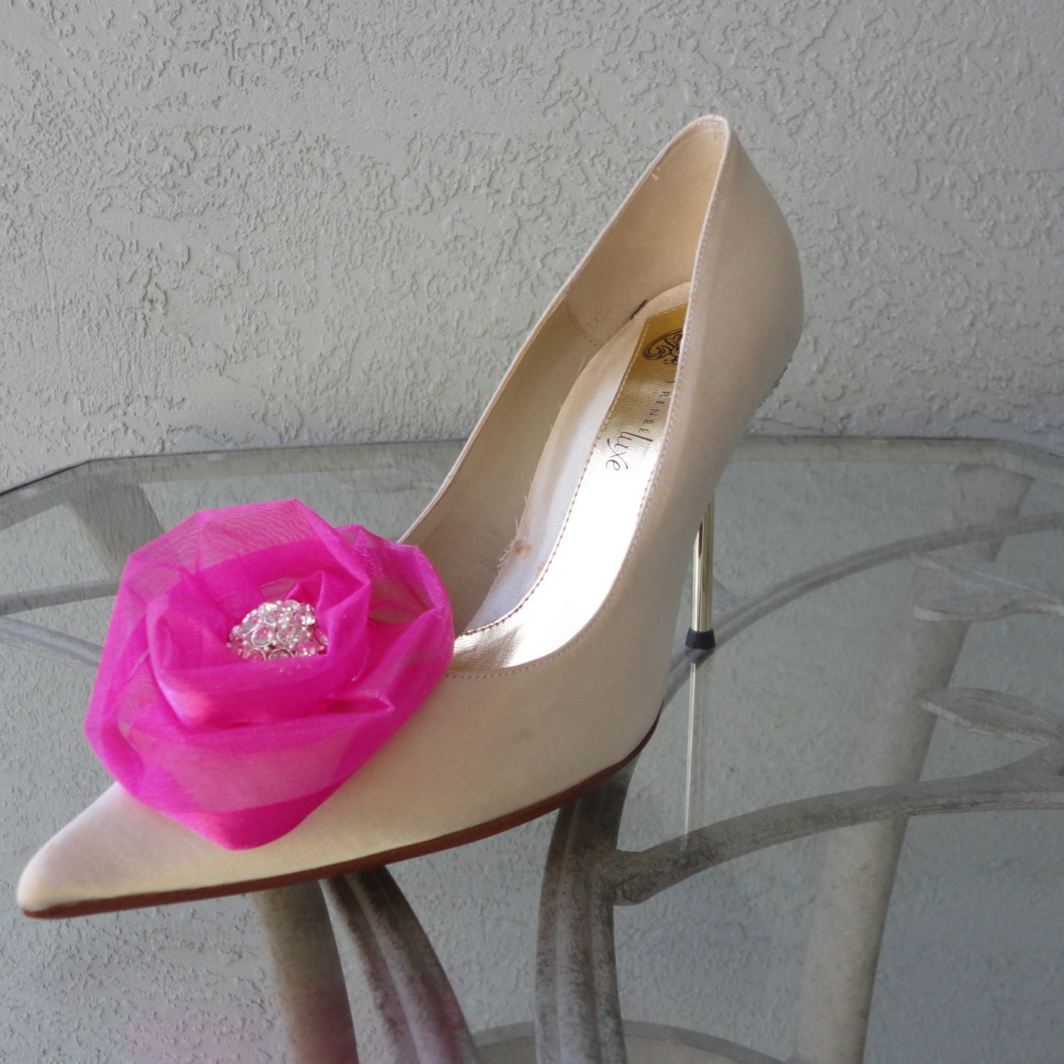 Wedding Bridal Hot Pink Organza Rose And Rhinestone Shoe Clips More Colors Available