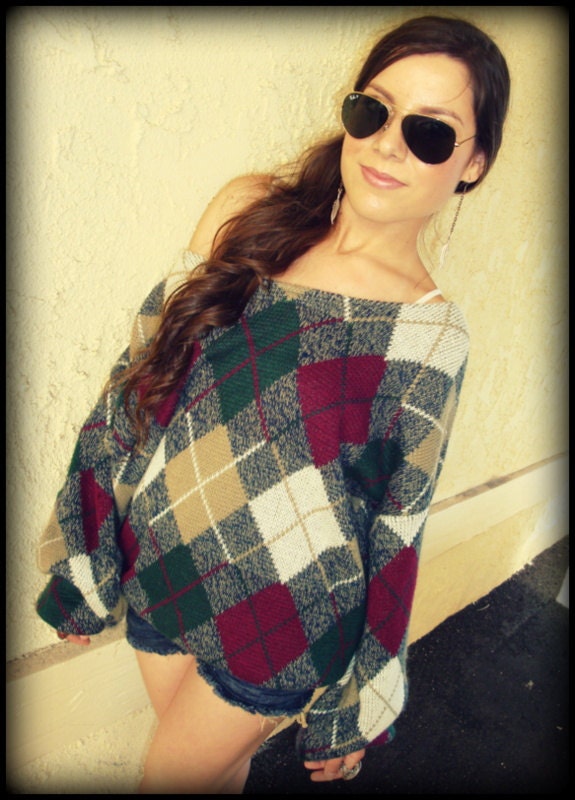 LOVE Hippie Vintage Chunky 80's Off-The-Shoulder Argyle Sweater Top Jumper