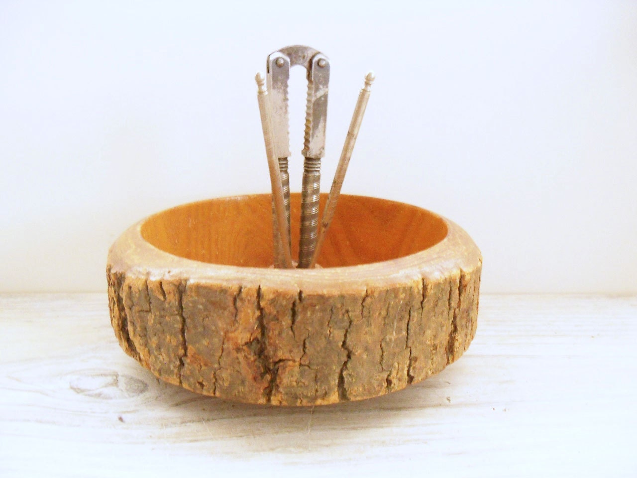 Vintage Nut Bowl Wooden Tree Bark HMQ Quackenbush Nutcracker Picks 1950s