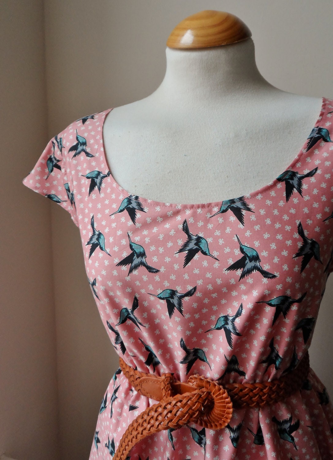 Tea Dress in Pink with Hummingbirds / Handmade / Choose your size