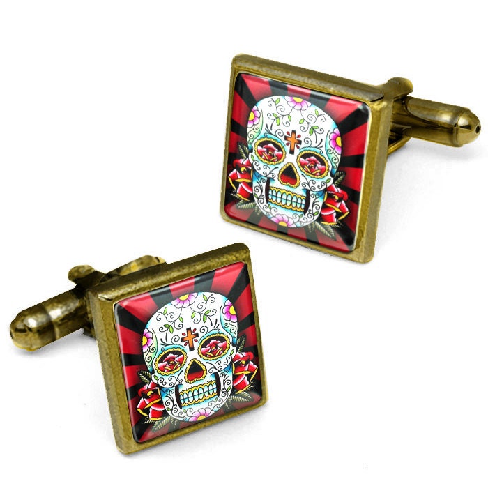 Day of the Dead Dia De Los Muertos Sugar Skull Rays Antique Bronze Cufflinks 135-CLSB